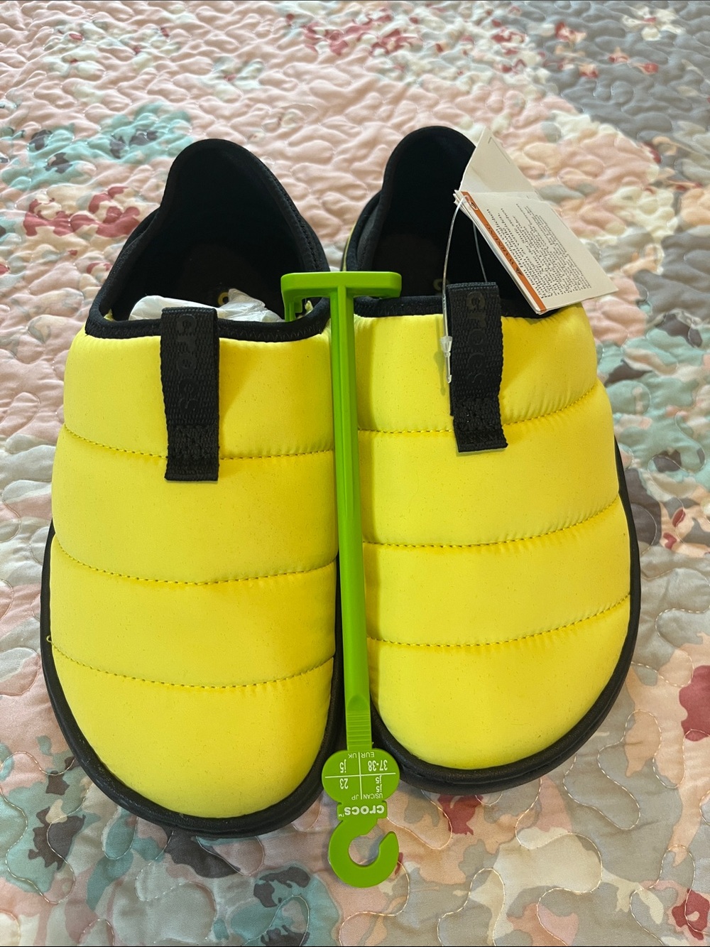 CROCS Kids Puffer Slip-On Slippers in Bright Yellow with Black Trim